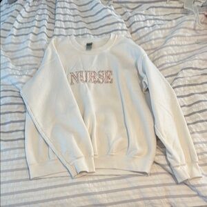 Gildan White Crew Neck Sweater with Pink 'Nurse' Embroidery